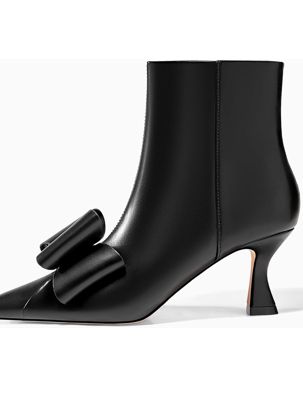 Black Leather Pointed Bow Ankle Boots with Sculpted Heel - Picture 4 of 5